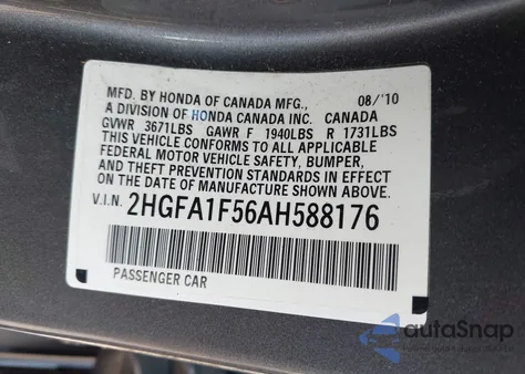 2010 Honda Civic Lx из США, поврежденный, VIN 2HGFA1F56AH588176